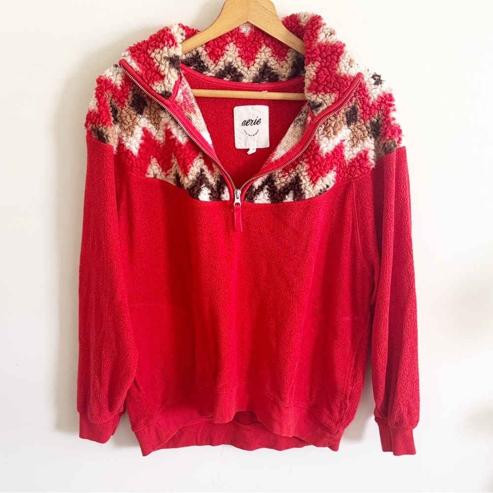 Aerie red fleece long sleeve quarter zip pullover oversized size
small